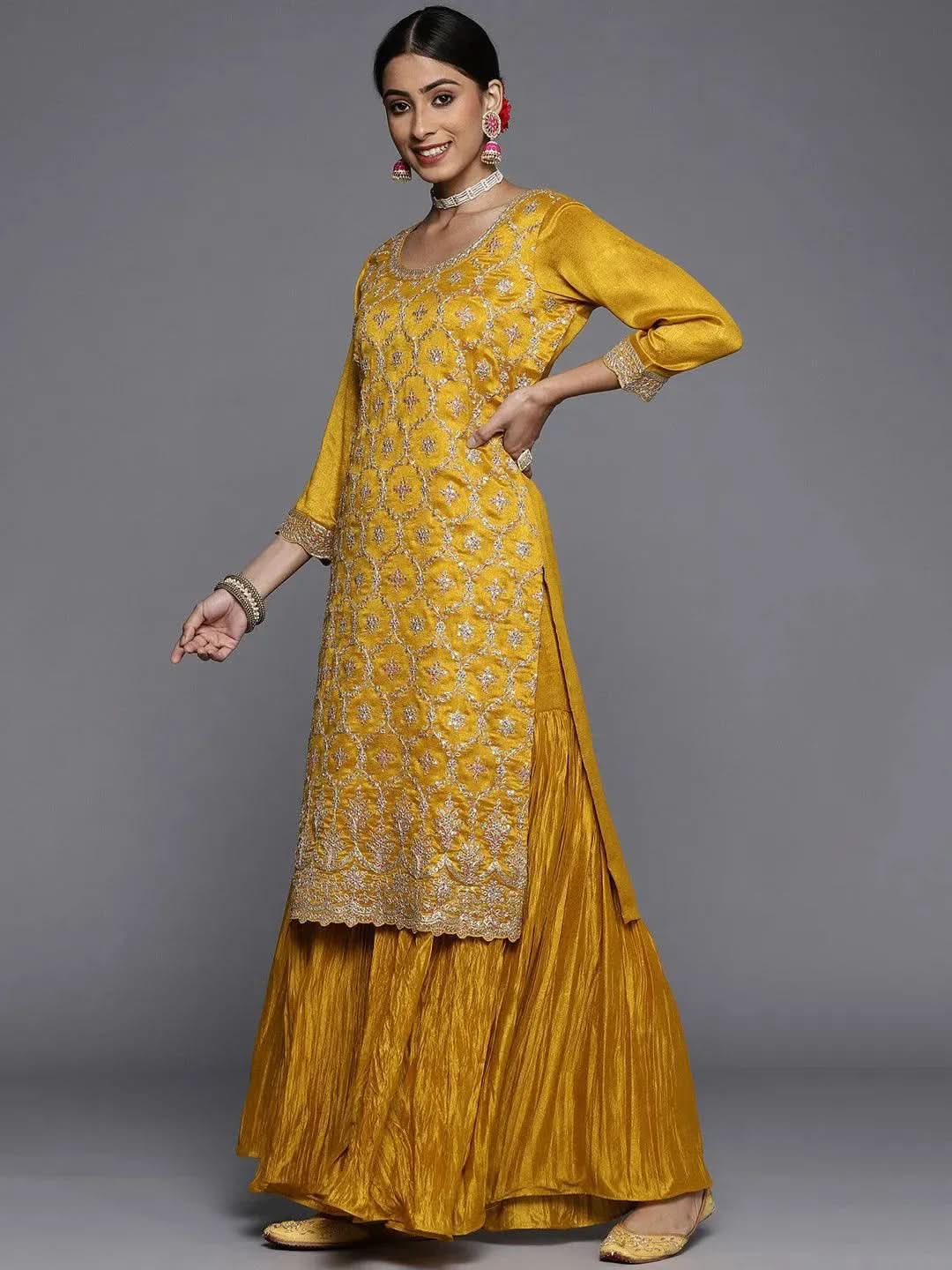 Designer Mustard Pakistani Suit with Silk Blend Embroidery