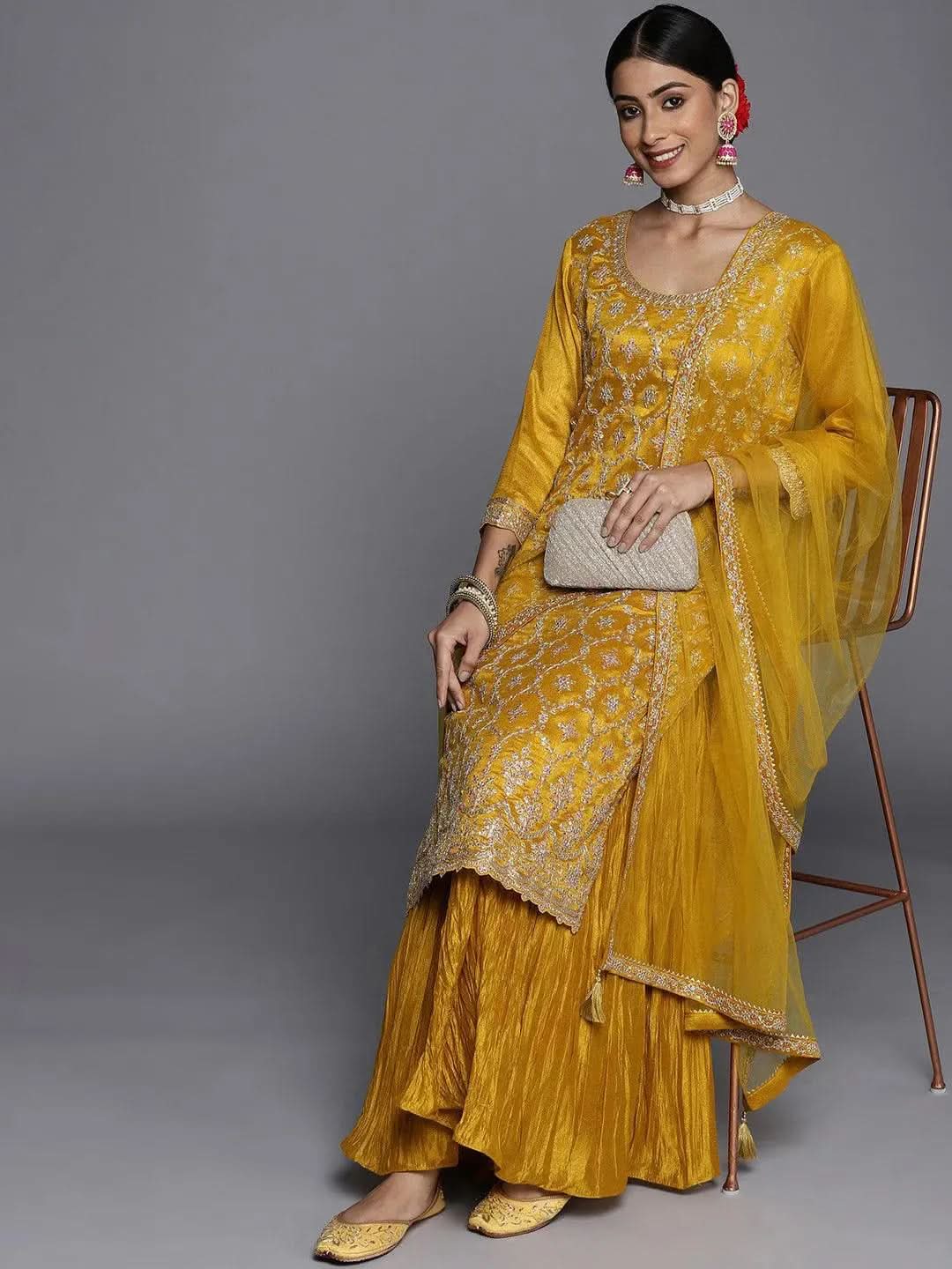 Designer Mustard Pakistani Suit with Silk Blend Embroidery