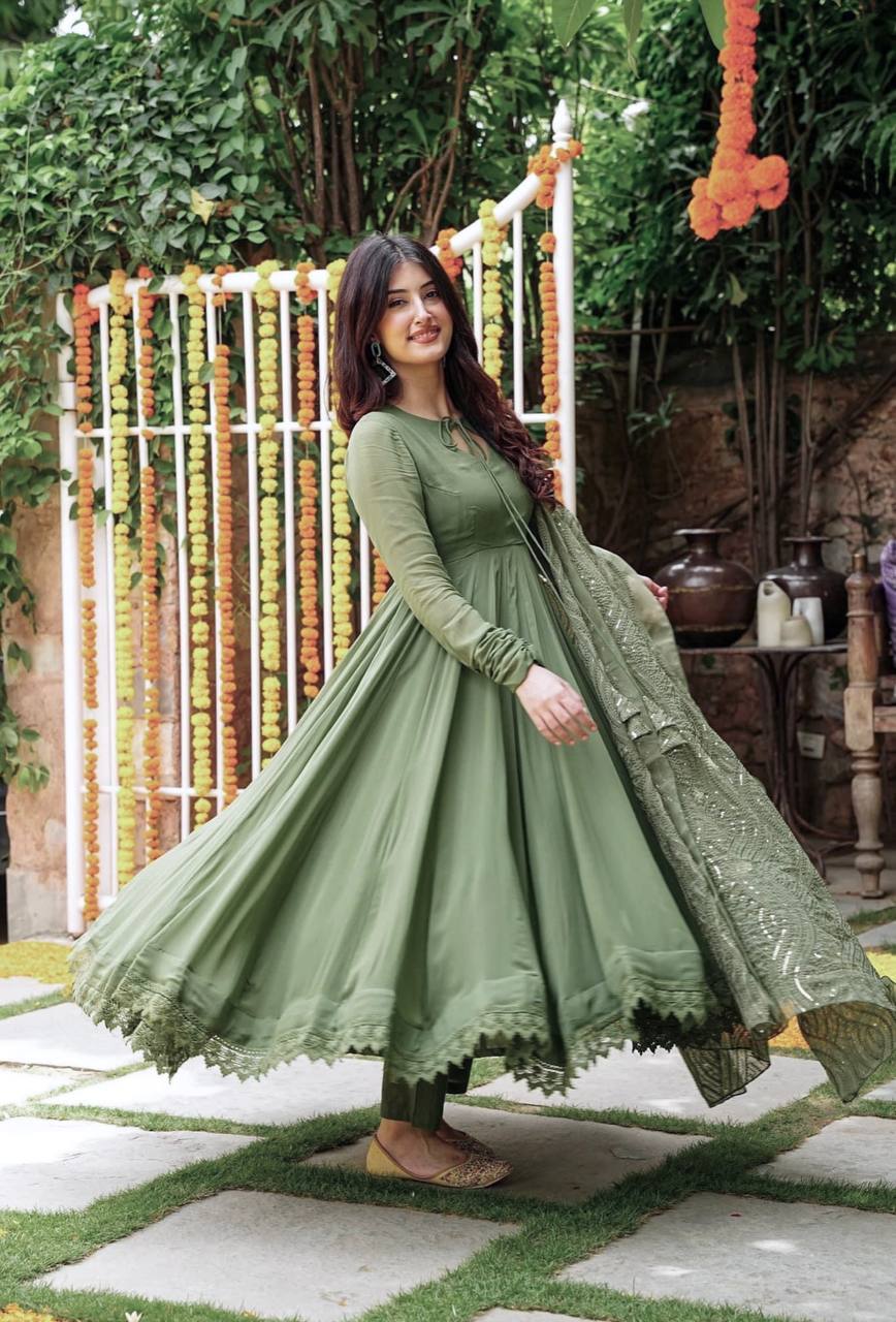 Women’s Mehndi Color Formal Gown with Handcrafted Work Dupatta
