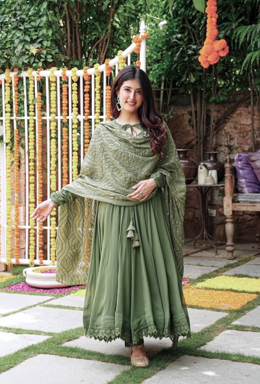 Women’s Mehndi Color Formal Gown with Handcrafted Work Dupatta