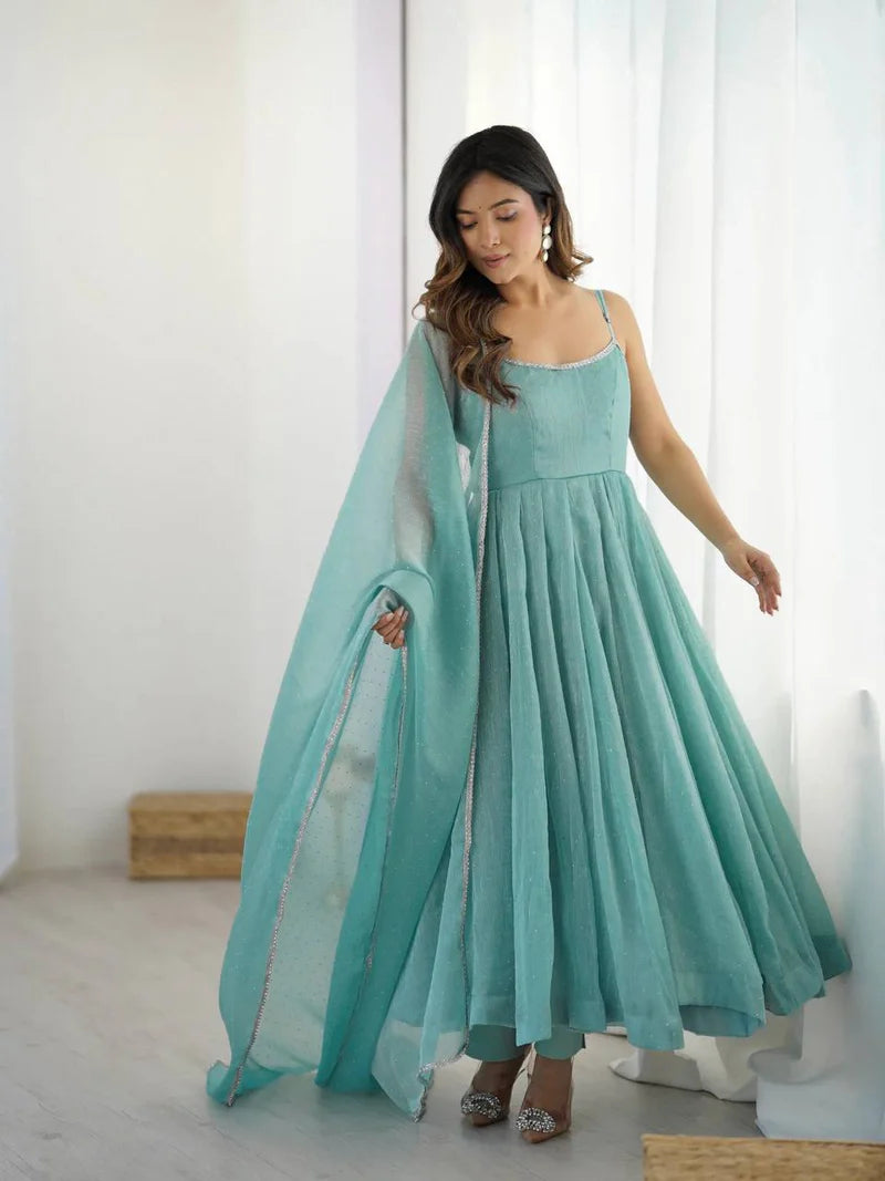 Elegant Mint Grace Silk Anarkali Set with Comfortable Fit and Sophisticated Look