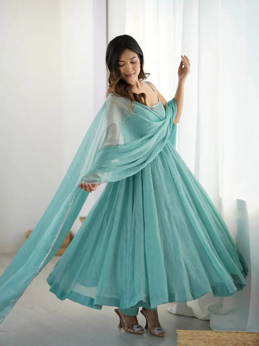Elegant Mint Grace Silk Anarkali Set with Comfortable Fit and Sophisticated Look