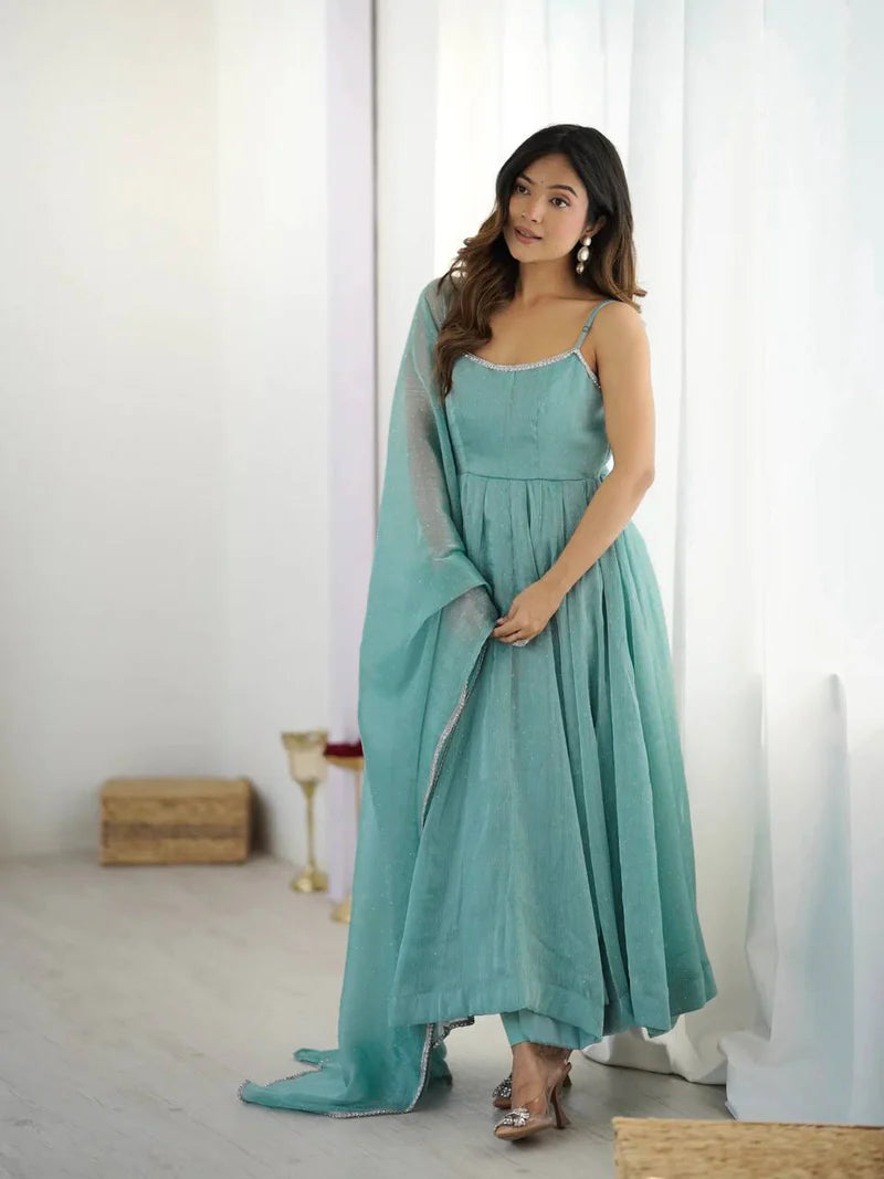 Elegant Mint Grace Silk Anarkali Set with Comfortable Fit and Sophisticated Look