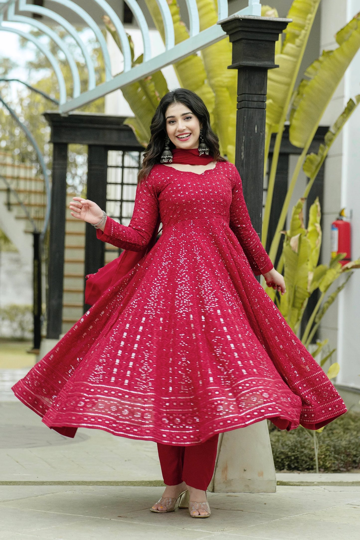 Elegant Women’s Maroon Anarkali Suit Set in Georgette with Intricate Embroidery