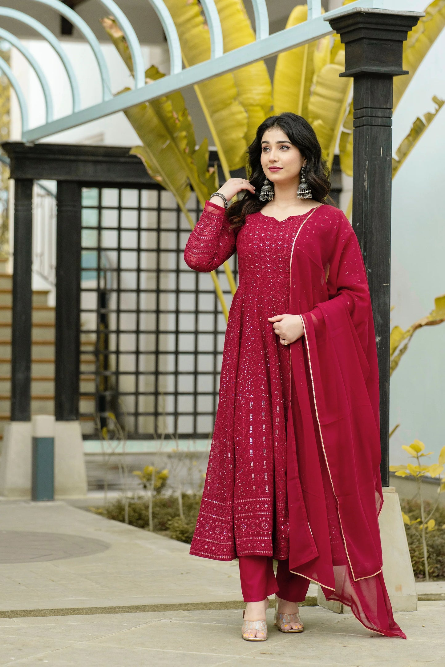 Elegant Women’s Maroon Anarkali Suit Set in Georgette with Intricate Embroidery