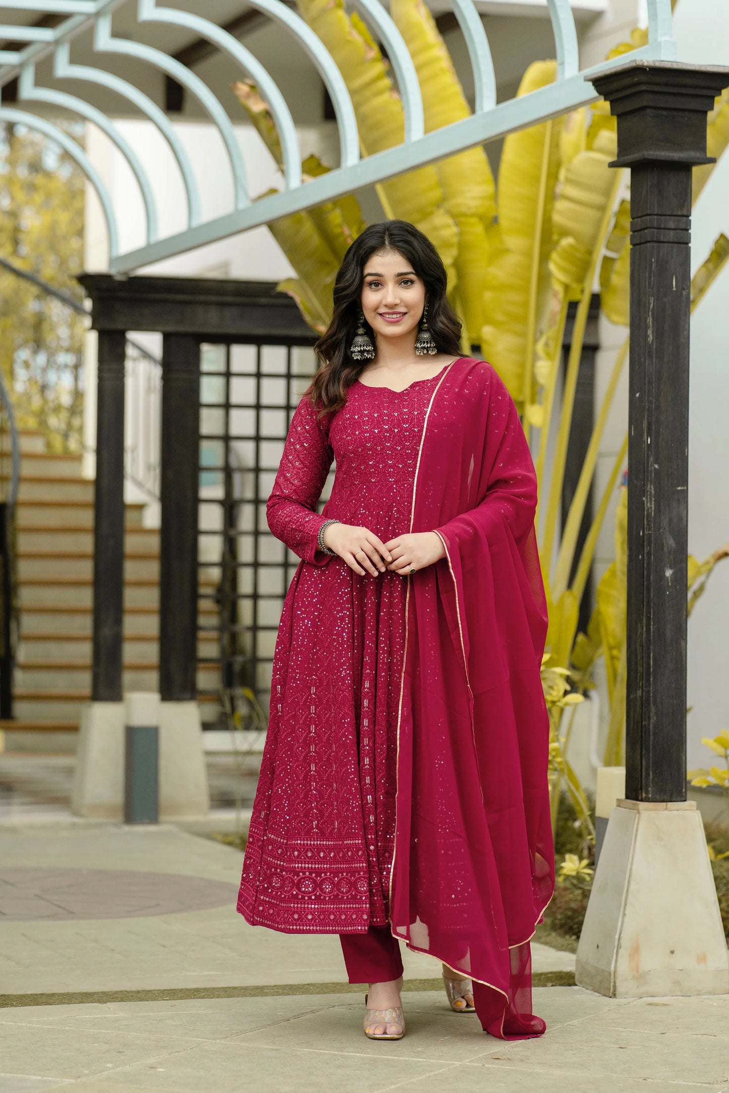 Elegant Women’s Maroon Anarkali Suit Set in Georgette with Intricate Embroidery