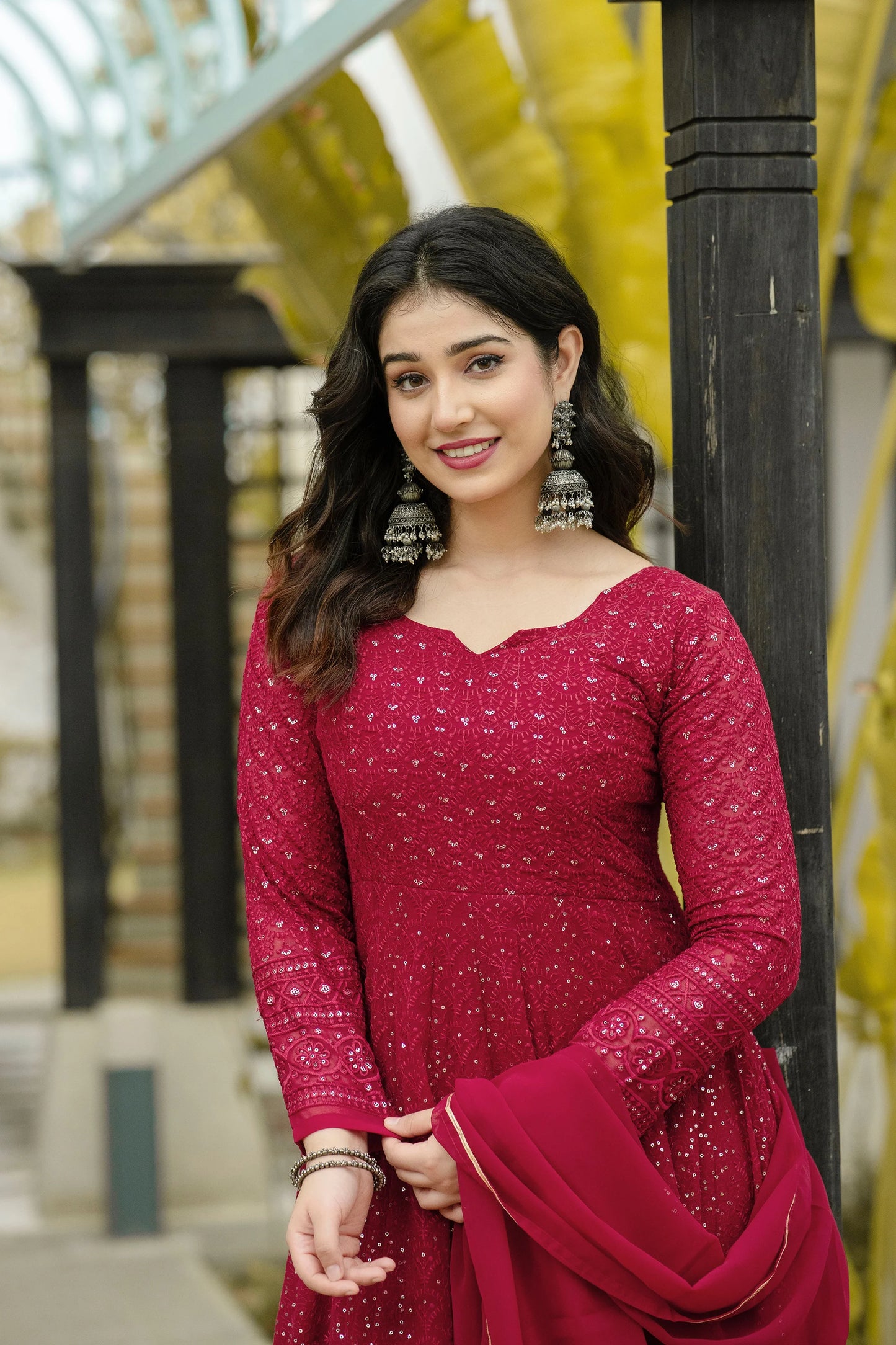 Elegant Women’s Maroon Anarkali Suit Set in Georgette with Intricate Embroidery