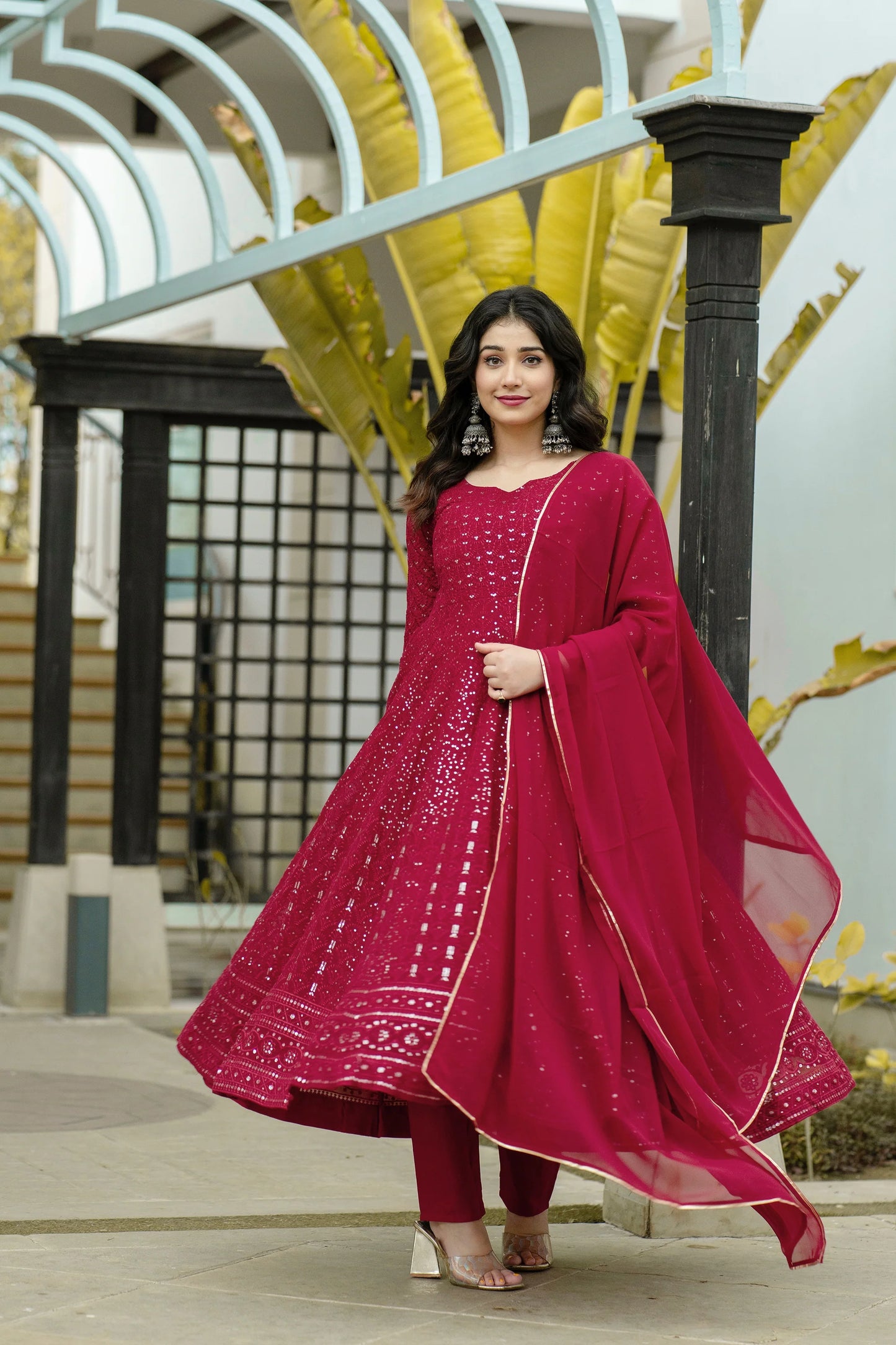 Elegant Women’s Maroon Anarkali Suit Set in Georgette with Intricate Embroidery