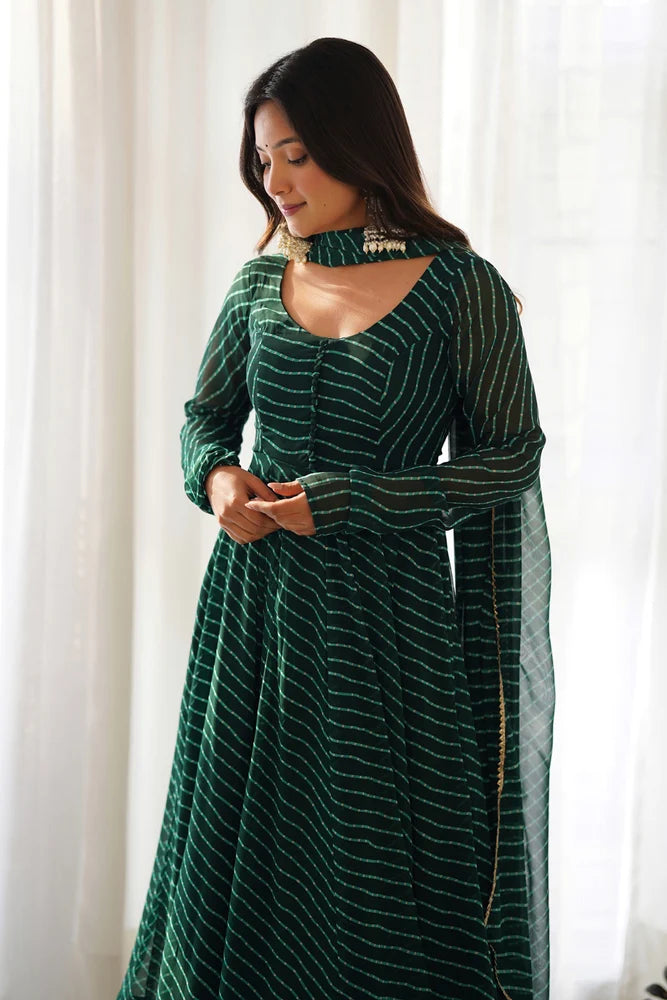 Women’s Green Printed Georgette Anarkali Suit with Dupatta