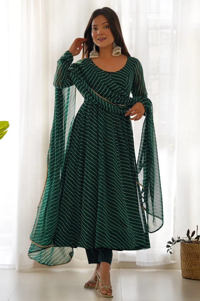 Women’s Green Printed Georgette Anarkali Suit with Dupatta