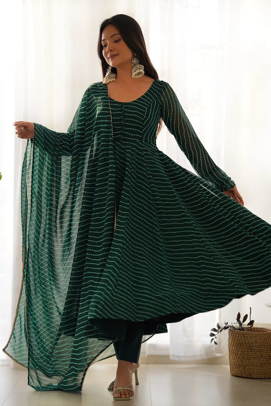 Women’s Green Printed Georgette Anarkali Suit with Dupatta