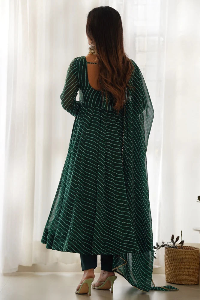 Women’s Green Printed Georgette Anarkali Suit with Dupatta