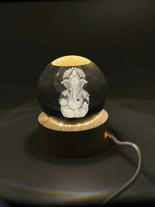 Decorative Crystal Ball Night Lamp with 3D Ganesha Engraving and LED Light