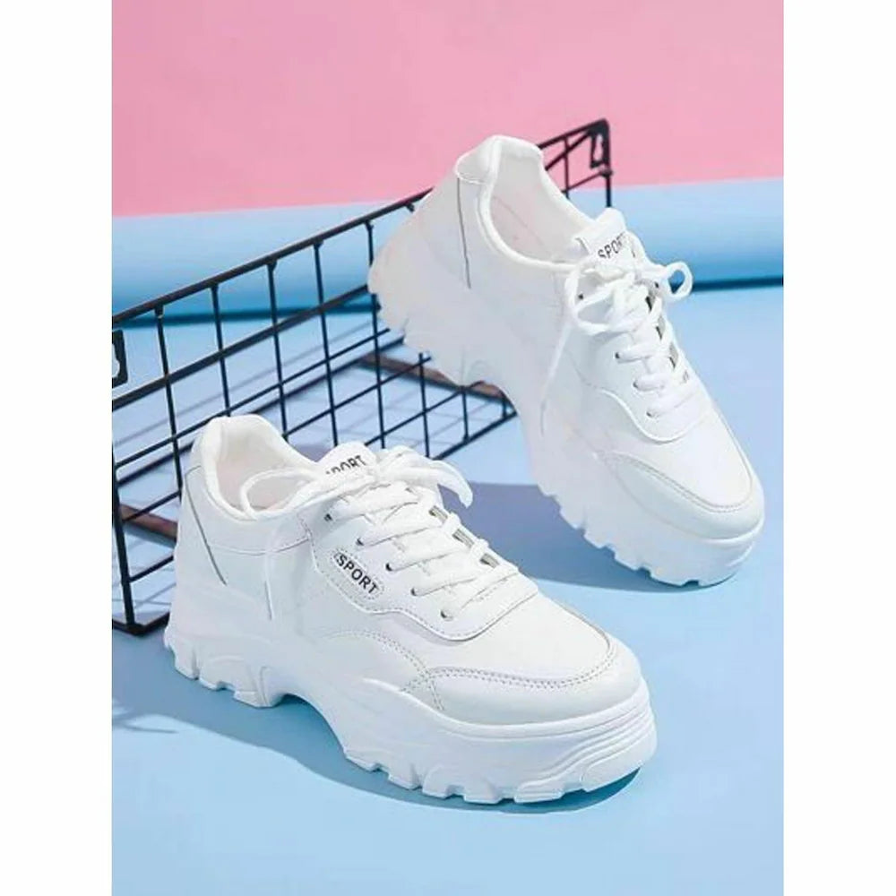 Street Style White Chunky Sneakers Women and Girls Comfortable Lace Up Footwear