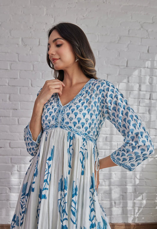 Classy White Hand Block Printed Cotton Kurta Dupatta Set for Festive Wear