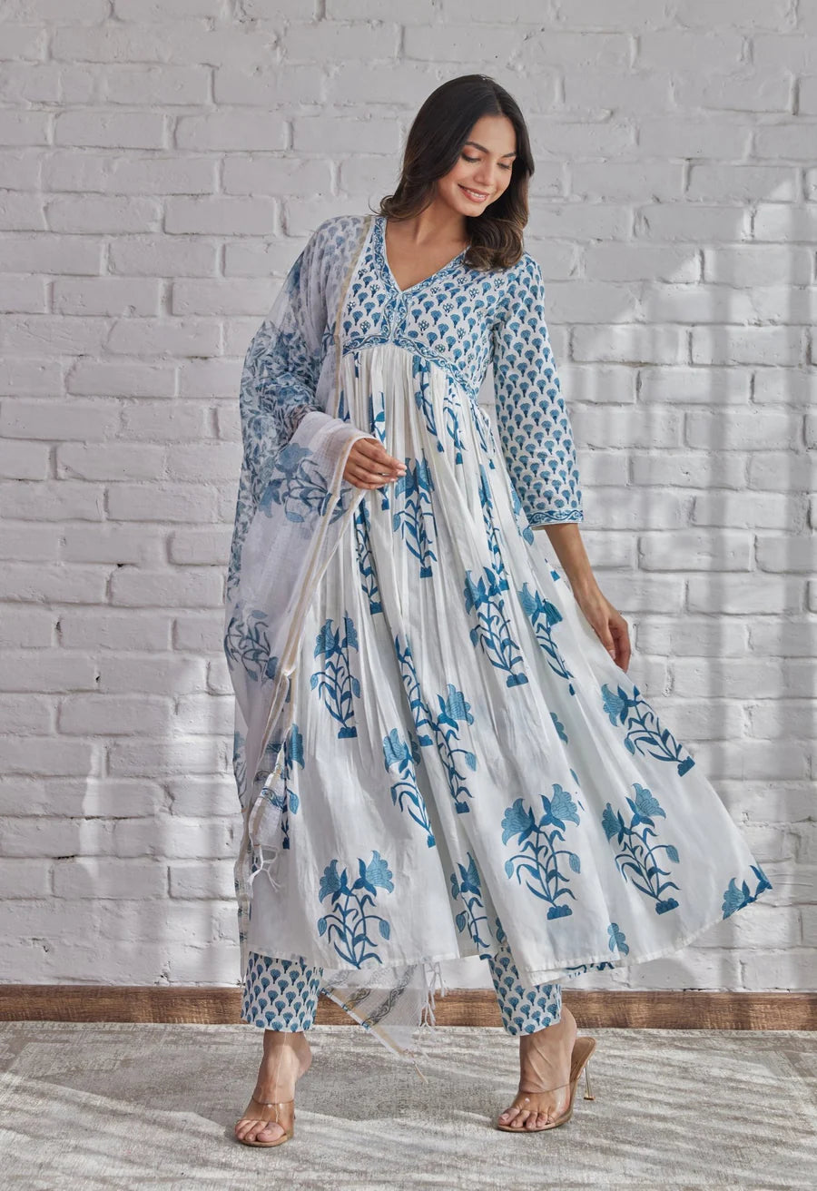 Classy White Hand Block Printed Cotton Kurta Dupatta Set for Festive Wear