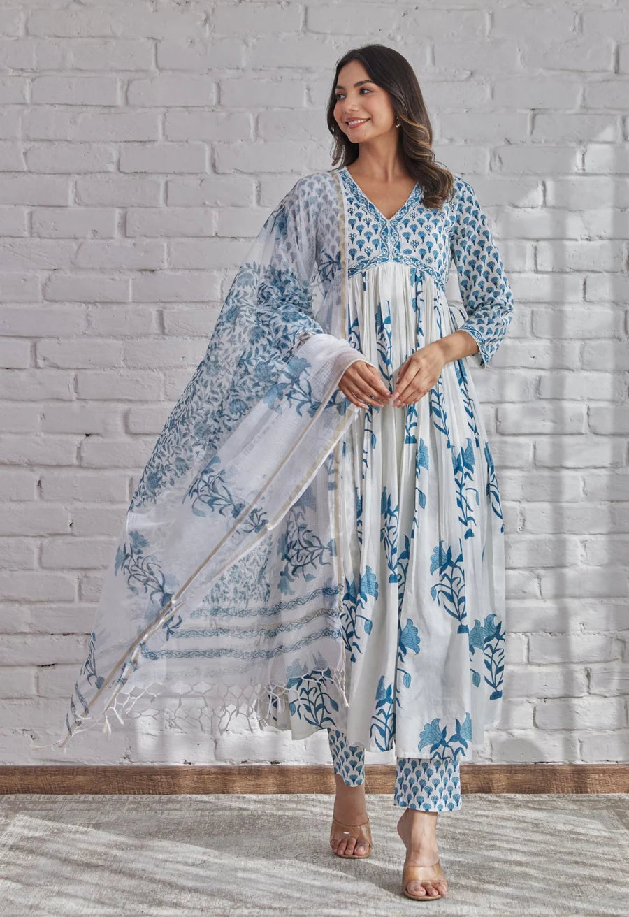 Classy White Hand Block Printed Cotton Kurta Dupatta Set for Festive Wear