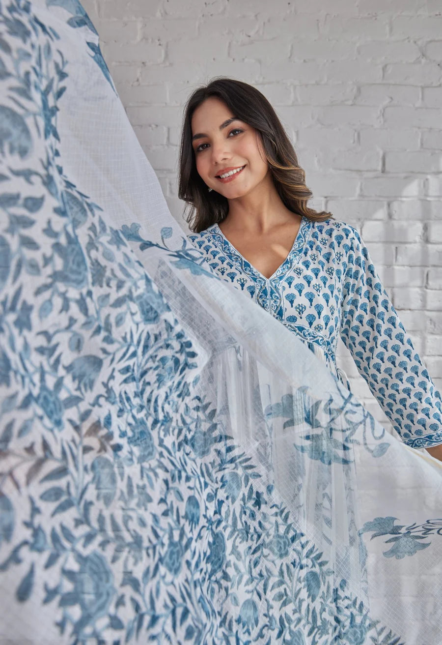 Classy White Hand Block Printed Cotton Kurta Dupatta Set for Festive Wear