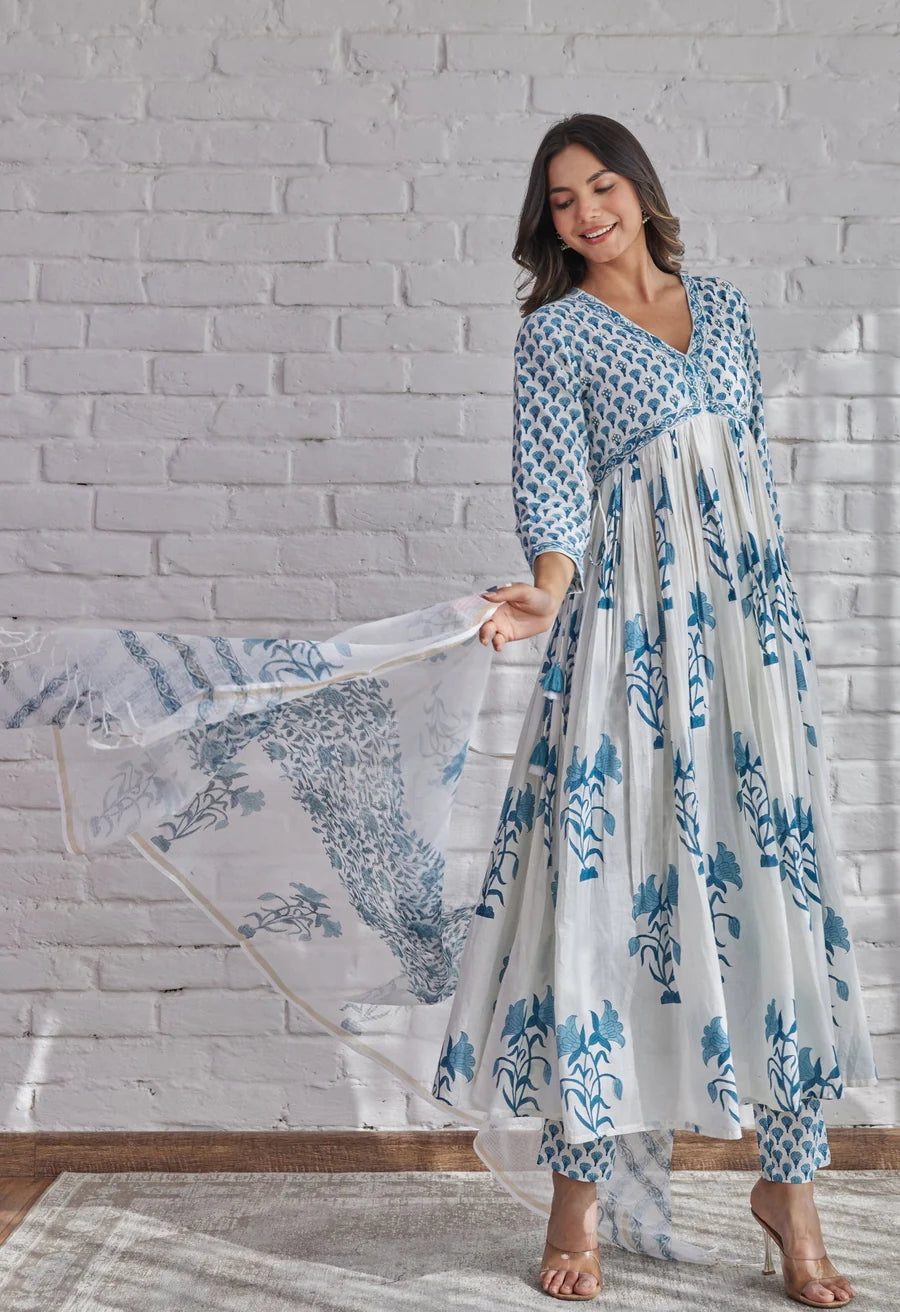 Classy White Hand Block Printed Cotton Kurta Dupatta Set for Festive Wear
