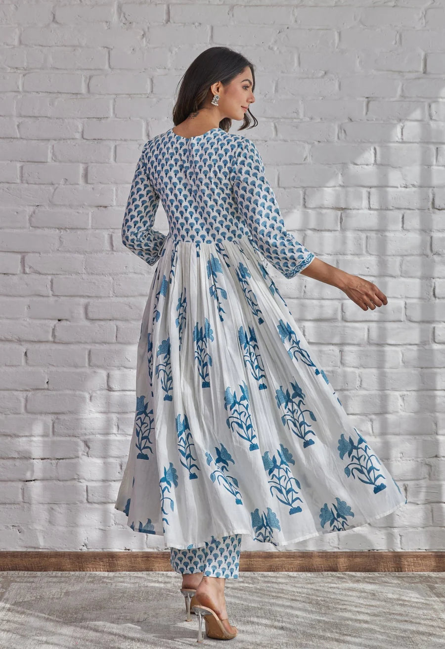 Classy White Hand Block Printed Cotton Kurta Dupatta Set for Festive Wear
