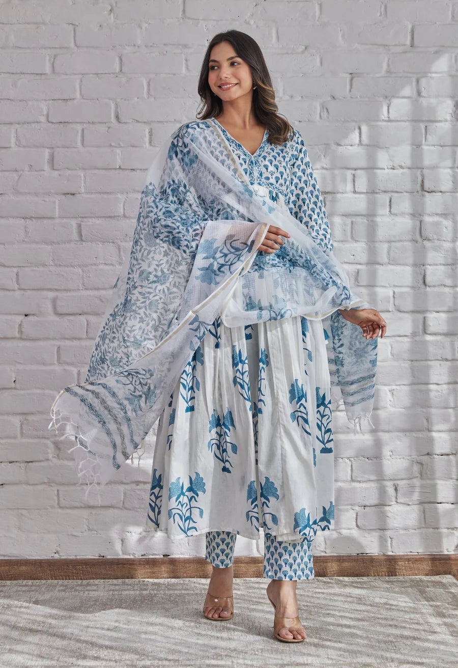 Classy White Hand Block Printed Cotton Kurta Dupatta Set for Festive Wear