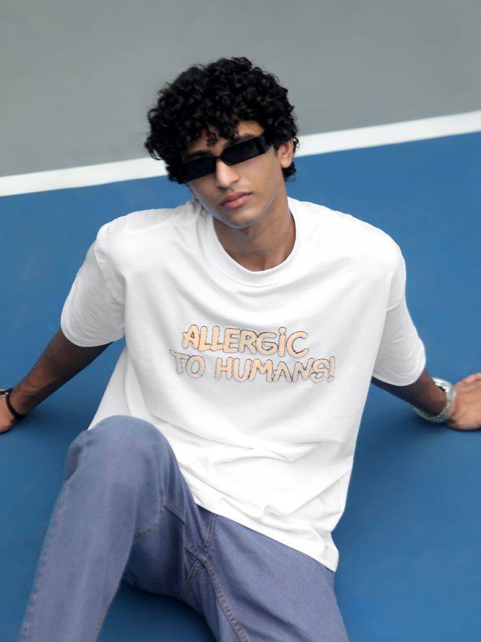 Oversized White Tee Allergic To Human Puff Print Comfortable Fit