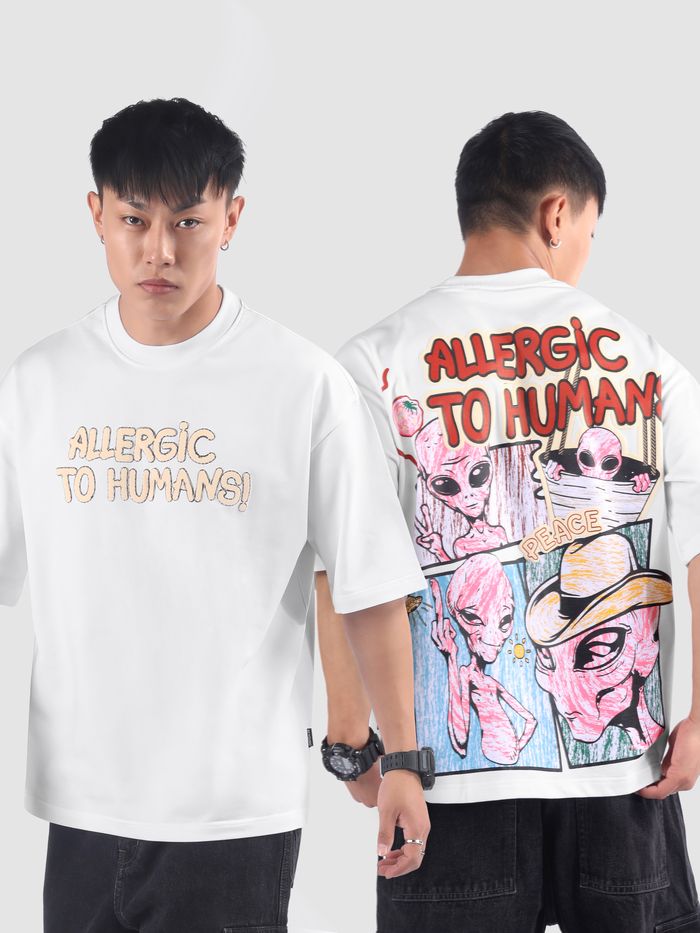 Oversized White Tee Allergic To Human Puff Print Comfortable Fit