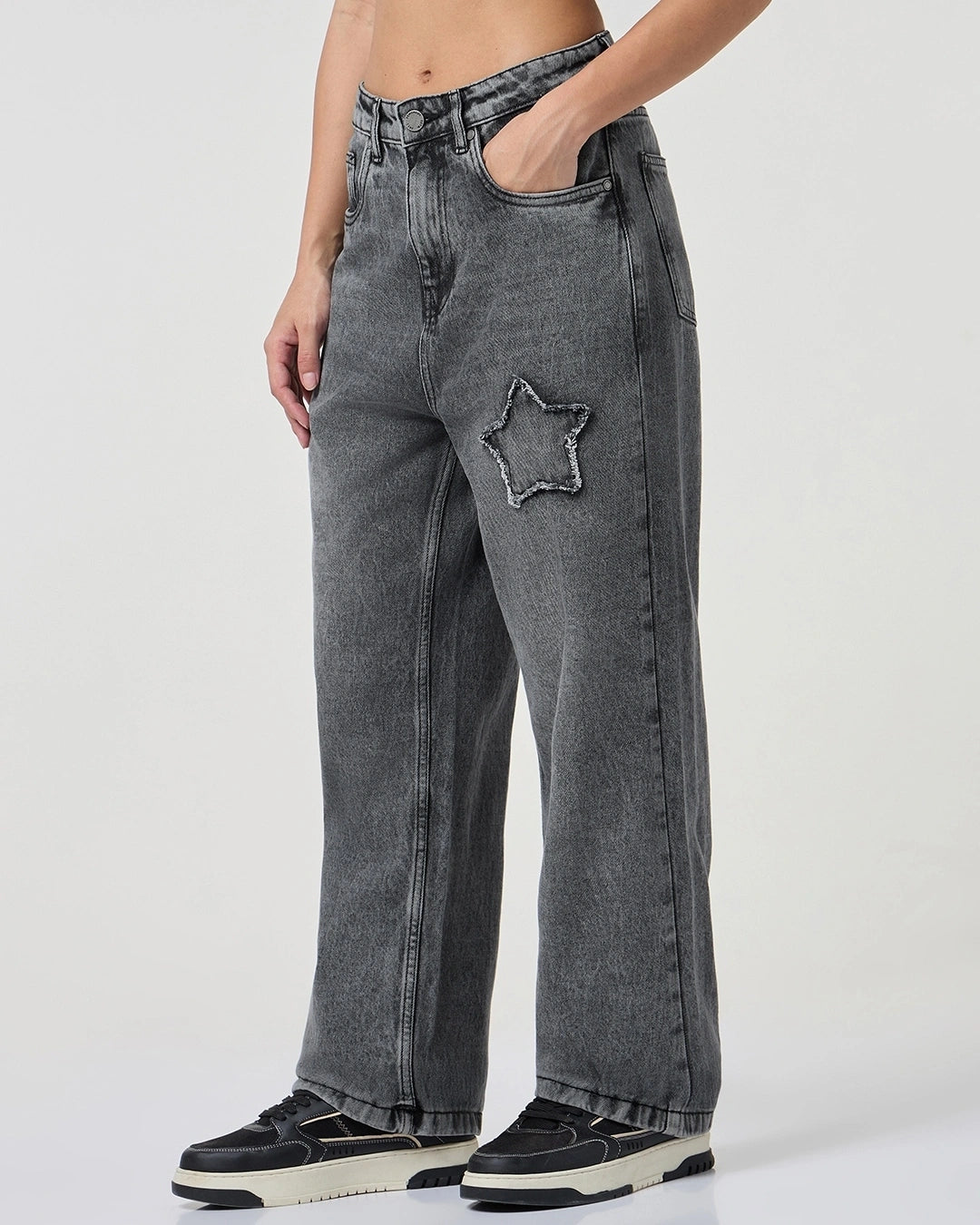 Black Washed Straight Fit Distressed Jeans Women’s Everyday Comfortable Loose Fit