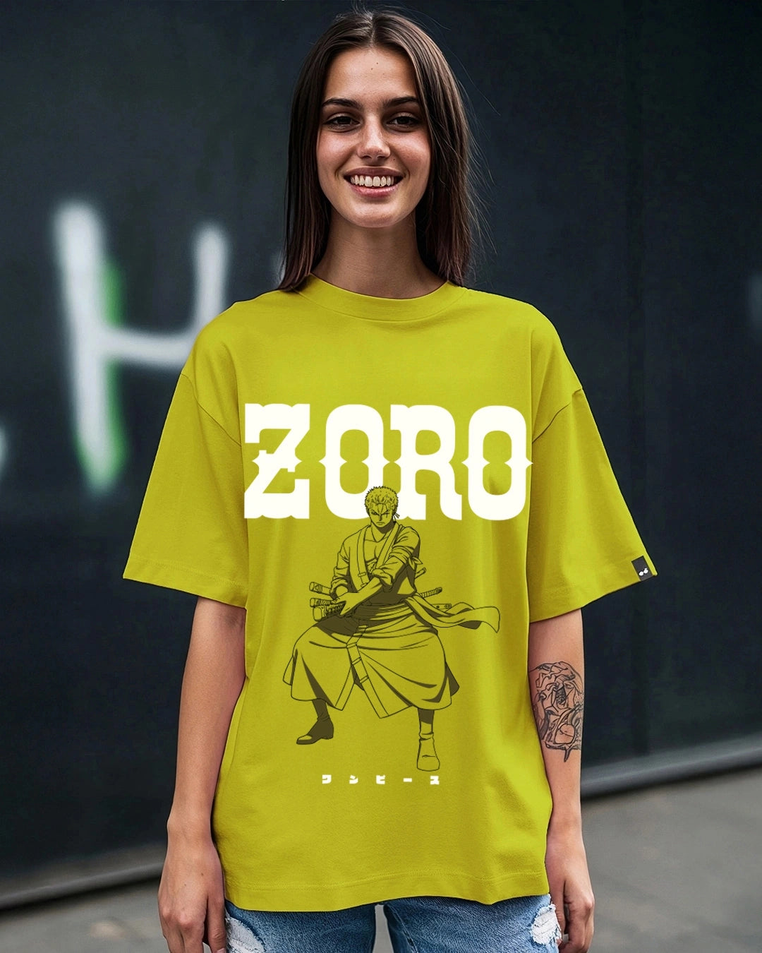 Oversized Loose Fit Women’s Cress Green Zoro Graphic Printed T-shirt Trendy Casual Everyday Outfit