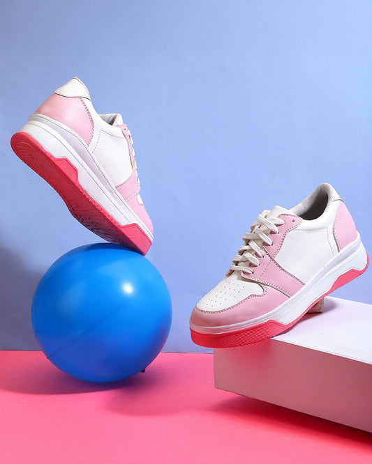 Fashionable Women’s White Pink Color Block Sneakers Casual Lightweight Street Style Shoes