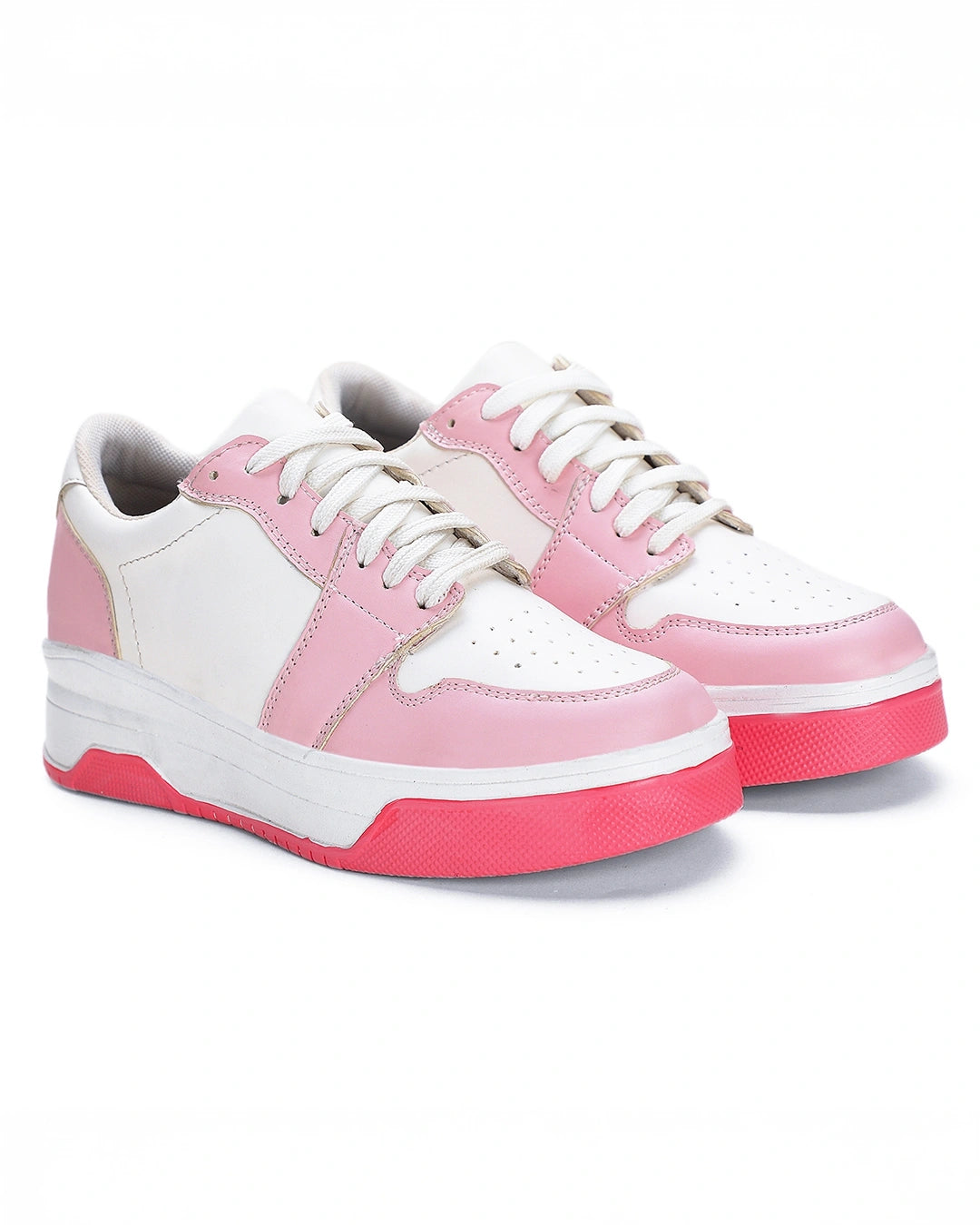 Fashionable Women’s White Pink Color Block Sneakers Casual Lightweight Street Style Shoes